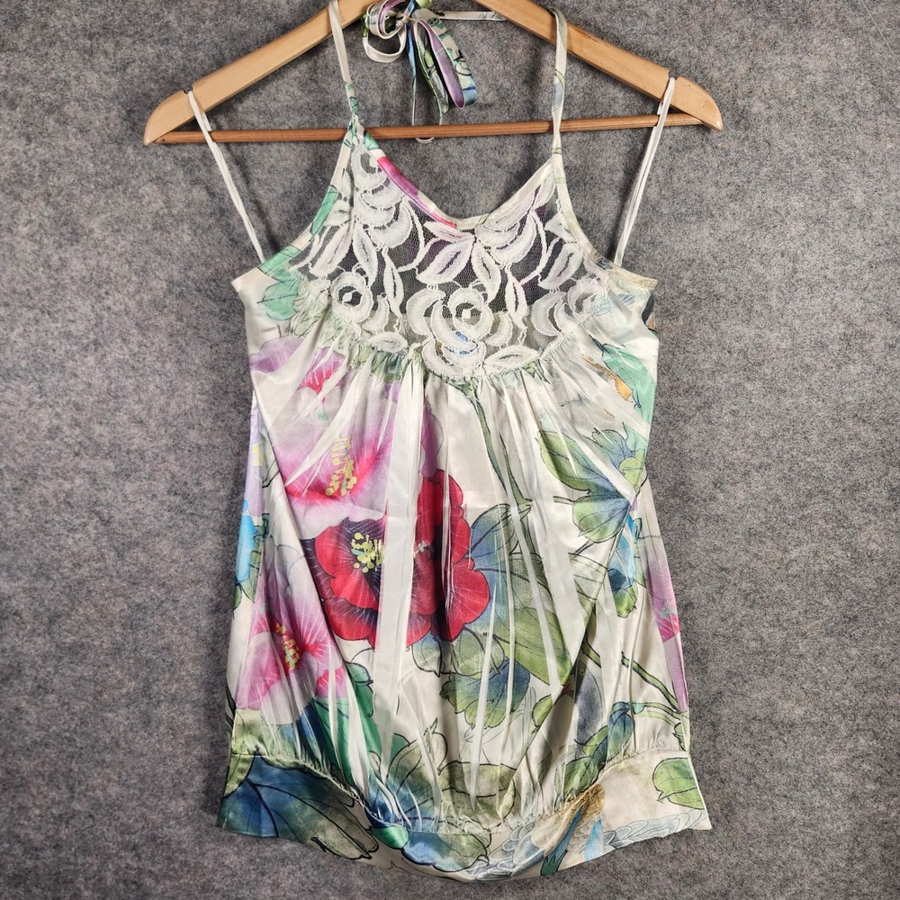 Yippee Halter Top Women‎ S White Y2K Fairy Floral Bird Lace Inset Boho Tropical